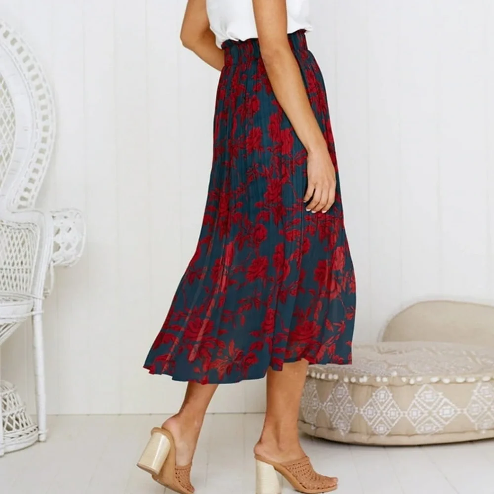 EXLURA Women Floral Pleated Flowy Side Pocket Midi Skirt Red Navy - Picture 2 of 15